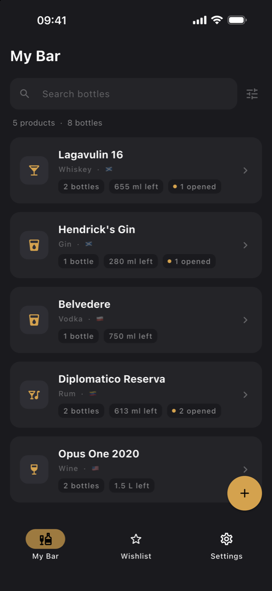 My Bar: bottles grouped by product with opened status and remaining volume