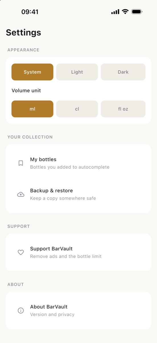Settings in light mode: appearance, volume unit, backup and support