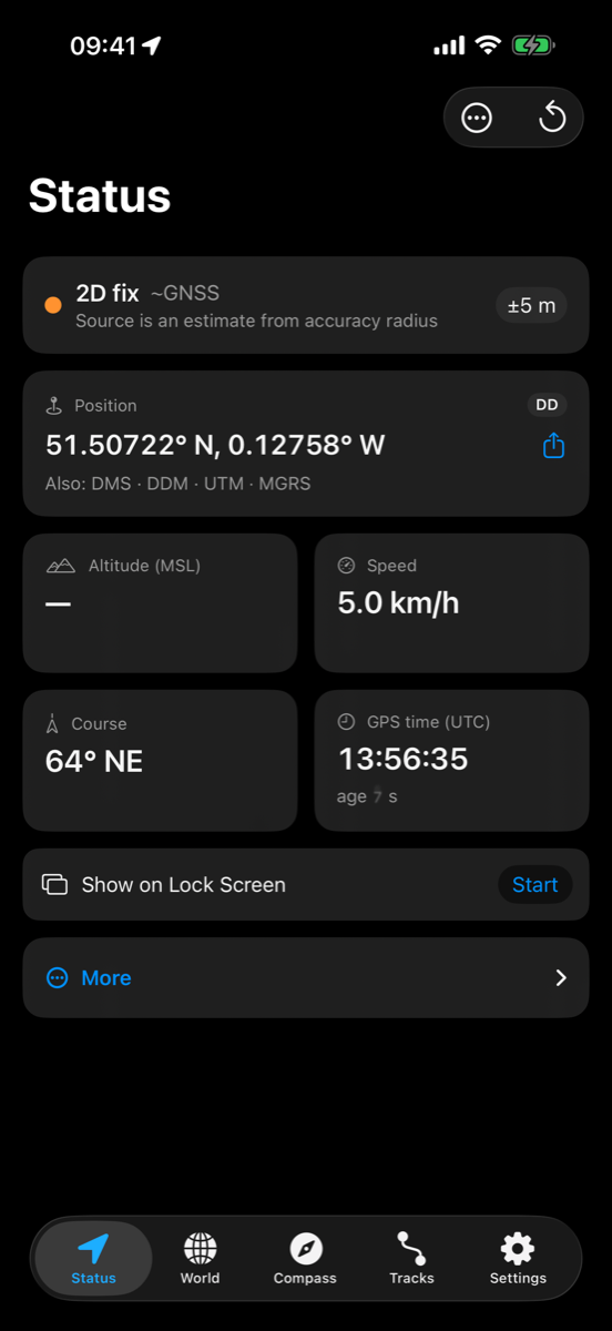 Status screen: fix status, accuracy, coordinates, speed, course and GPS time