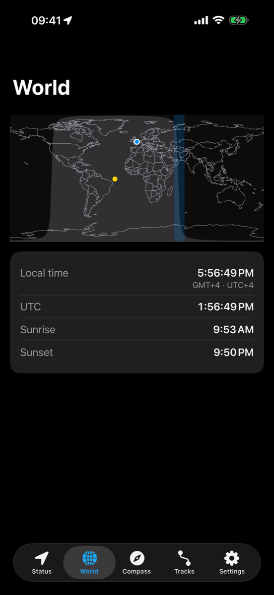 World map with the live day/night terminator, your time zone and local and UTC clocks