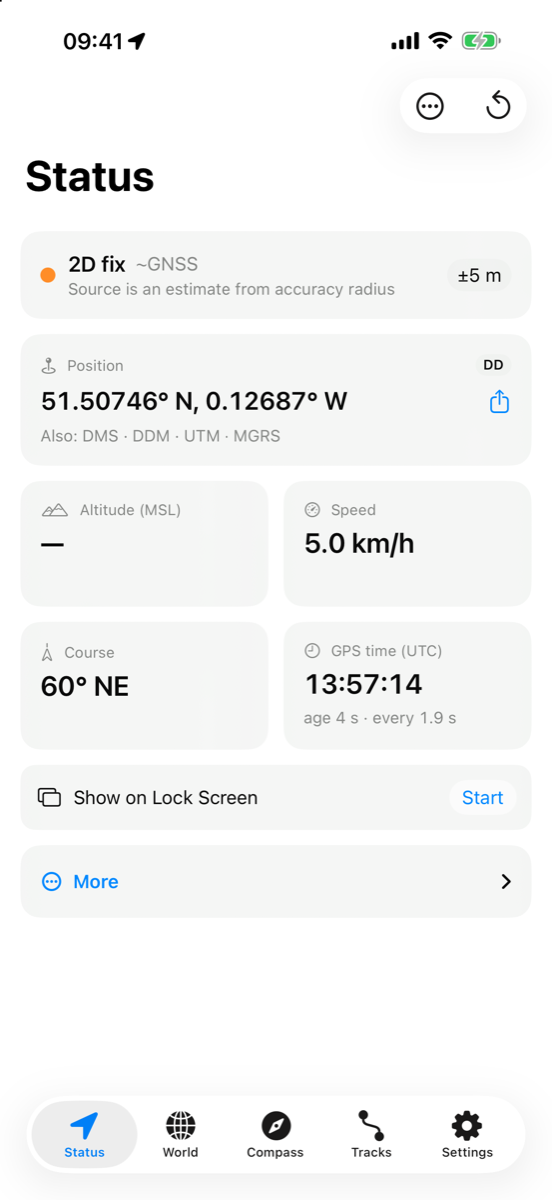 Status screen in light appearance
