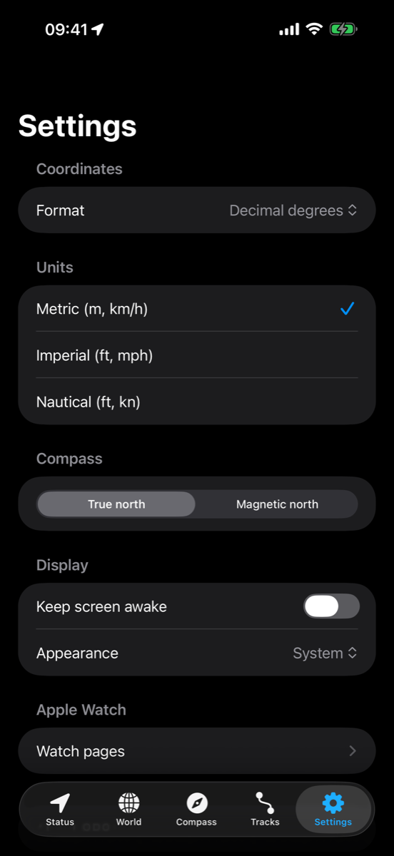 Settings: coordinate format, units, compass north, display and Apple Watch pages